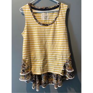 POSTMARK Anthropologie Yellow White Striped Floral Ruffle Sleeveless Tank Blouse